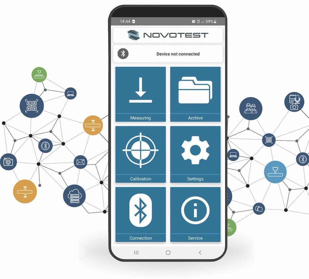NOVOTEST Lab app main menu on a smartphone
