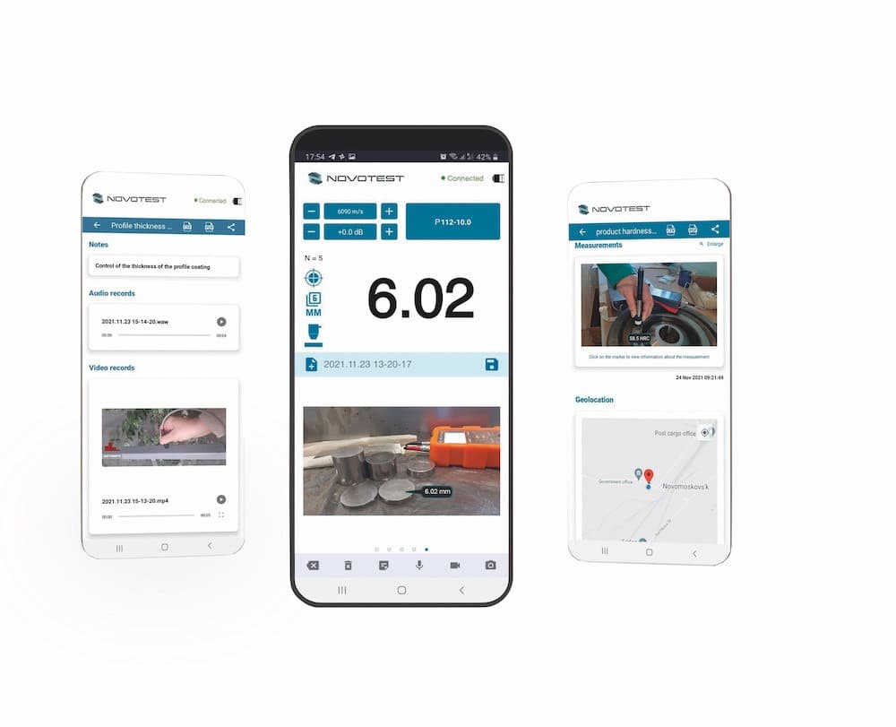 NOVOTEST Lab screens with photos, video and map location attached to measurements